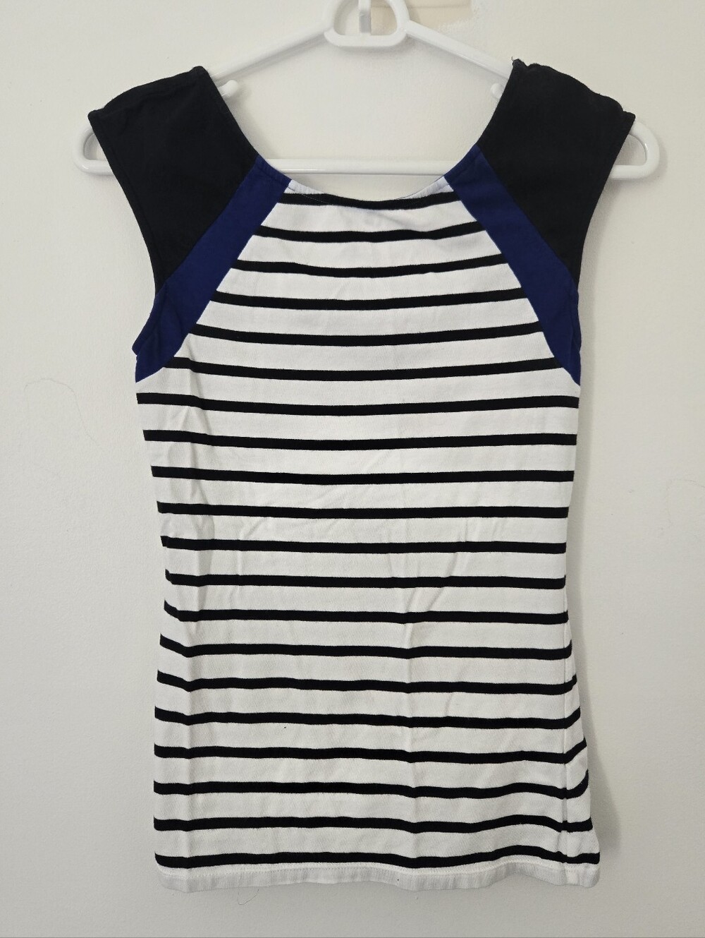 Express Striped Cap-Sleeve Tank Top with Contrast Shoulders - Black White Blue